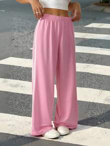 SHEIN PETITE Back To School Fall Outfits Women Clothes Women's Casual Wide Leg Sweatpants With Contrasting Stripes, Pink,Fall Clothes For Women Baggy - Pink - View 5