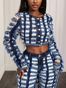 Slaydiva Women's Distressed Long Sleeve Single-Breasted Cropped Casual Denim Jacket Ripped Cropped Jacket - Grey - View 4
