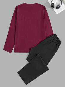 EURMUSE Men's Casual Comfortable Printed Long Sleeve T-Shirt And Pants Pajama Set - Burgundy - View 2