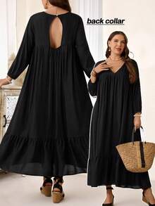 EMERY ROSE Sukienka damska w dużym rozmiarze, na co dzień, na wakacje, czarna, z dekoltem w serek, rękawami 3/4, z wyciętymi plecami i luźną, długą sukienką, wczesną wiosną