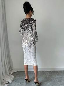 SHEIN Clasi Rochie de damă minimalistă, casual, cu imprimeu cu paiete, guler rotund, mânecă lungă, potrivită pentru toamnă/iarnă