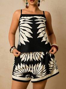 Travachic Bộ trang phục đi nghỉ mát cỡ lớn dành cho nữ, họa tiết hoa, gồm áo hai dây và quần short. - màu đen - Xem 4