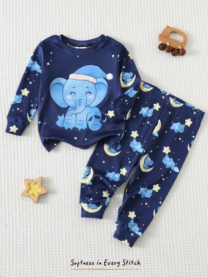 Cozy Pixies Baby Boy Cartoon Animal Print Knit Soft Crew Neck Long Sleeve Top And Elastic Waist Long Pants 2-Piece Snug Fit Pajama Set