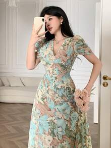 Modelyn Women's Fitted Dress With Cross Neckline, Pearl Button Decor, And Puff Sleeves - Multicolor - View 4
