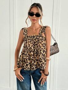 Siren Gaze Casual Semi-Sheer Leopard Print Chiffon Tank Top For Women Featuring Regular Length And Ruffle Hem Detail - Multicolor - View 4