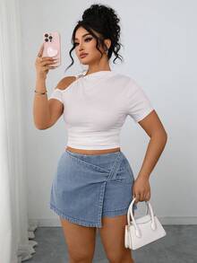 SHEIN Elenzya Plus Size Women Elegant & Comfortable Light Blue Stretch Denim Skirt - Light Wash - View 4