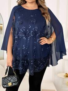 SHEIN CURVE+ Áo sơ mi nữ cỡ lớn cổ tròn tay dài, kiểu dáng thường ngày, thích hợp cho tiệc tùng, chất liệu vải bóng. - Màu xanh hải quân - Xem 7