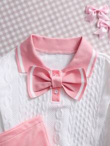 Tween Girls Casual Cute Fashion Textured Fabric Collegiate Style Navy Collar Knit 2 Pieces Set - Pink - View 5