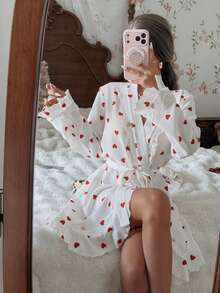 SHEIN Women's Heart Print Ruffle Lace Trim Robe Summer Robe Womens Robe Cute Robes Cute Sleepwear Heart Print Robe