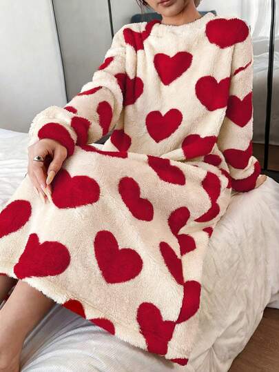 Dream Adore Camisón de mujer de cuello redondo, hombros caídos y manga larga con corazón de peluche lindo