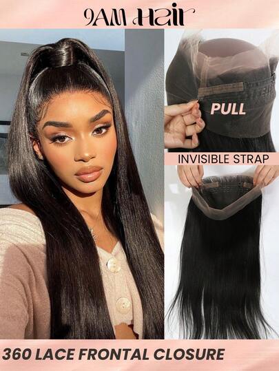 360°蕾丝前额片，丝滑直发，透明，带隐形绑带，150%密度，天然原生人发，自然色