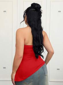CovetEZ Plus Size Black Pleated Slit Strapless Knit Stretch Top - Red - View 2