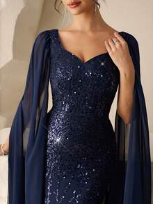 Coutiva Luxury Sequin Embellished Formal Gown, High-End Elegant Party Dress Navy Blue Formal Gown Elegant Evening Dress Gala Evening Gown Sparkle Formal Gown Formal Sequin Gown Valentines Dress Elegant Dress Sequin Dress Floral Dress Navy Blue Sequin Dress Blue Sequin Formal Dress Long Sleeve Formal Dress Blue Sparkly Dress Formal Evening Gown  Graduation Ceremony, School Opening, Music Festival, Birthday Party, Wedding, Afternoon Tea Gathering, Ball - Navy Blue - View 1