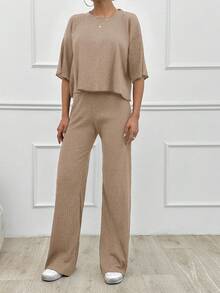 SHEIN Tall Cotton Simple Summer Solid Loose Drop Shoulder Short Sleeve Top And Straight Pants - Mocha Brown - View 4