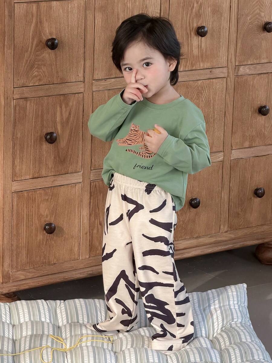 DAZY 2件套幼儿男童卡通老虎印花圆领长袖T恤和舒适家居服套装