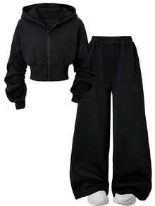 SHEIN 2 件套女童青少年白色花卉灰色抽绳运动衫和宽松长裤休闲运动装，秋冬 - 黑色 - 查看 1