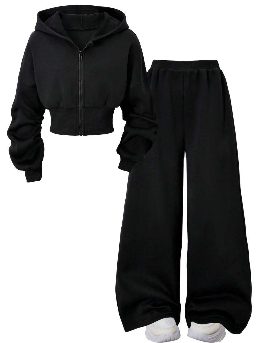 SHEIN 2 件套女童青少年白色花卉灰色抽绳运动衫和宽松长裤休闲运动装，秋冬 - 黑色 - 查看 1