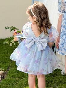 SHEIN 女婴雪纺碎花圆领泡泡袖休闲连衣裙 - 彩色 - 查看 3