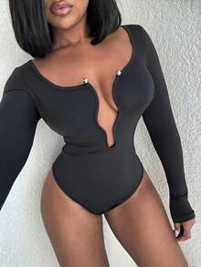 Alexandranx 深 V 领、修身长袖黑色紧身衣、时尚街头服饰 - 黑色 - 查看 5