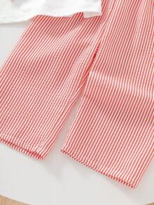 SHEIN 2件套女婴幼儿/新生儿0-3岁可爱休闲条纹蝴蝶结装饰T恤+条纹裤套装，婴儿Morandee蓝色套装，春夏款 - 紅色 - 查看 4