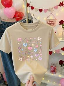 Camiseta de manga corta con estampado de corazones flores y mensajes de amor para San Valentín - Albaricoque - Ver 9