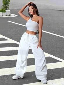 SHEIN EZwear 單肩短款上衣和腰部抽繩側翻蓋口袋工裝褲