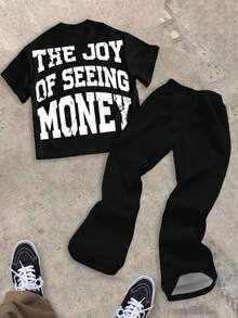 SHEIN Tween Boy Black Summer Streetwear City Break Casual Y2K Graffiti Portrait Star English Letter Sports Crew Neck T-Shirt And Flare Pants 2-Piece Set - Multicolor - View 7