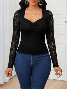 SHEIN Lady Women's Fashion Casual Sweetheart Collar Lace Long Sleeve T-Shirt - Black - View 3