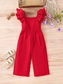 SHEIN 女童夏季休闲纯色荷叶边连体裤 - 紅色 - 查看 4