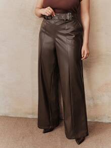 Anewsta Plus Size Coffee Color Fashionable Commuter Wide Leg Pants, Autumn/Winter - Coffee Brown - View 5