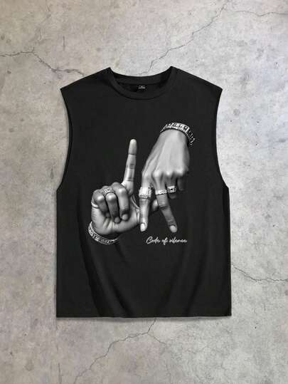 StoneGrade Los Angeles LA Letter Gesture Logo Fashion Street Print Black Plus Size Men Tank Top