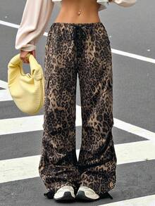 SHEIN EZwear Women's Leopard Print Drawstring Waist Parachute Cargo Pants - Brown - View 6