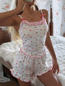 CottageSlumber Bộ đồ ngủ nữ với viền bèo nhún, nơ nhung và áo hai dây cùng quần short họa tiết hoa nhí. - trắng - Xem 5