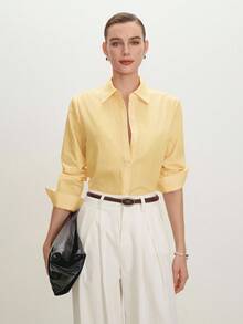 BizChic New Spring/Summer Yellow Lapel Front Button-Up Casual Shirt For Women, Versatile For Layering, Office, Social Occasions, Y2K Style - Pale Yellow - View 3