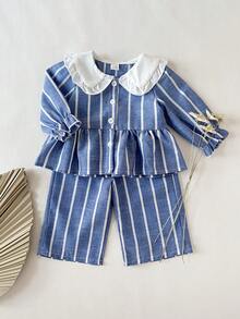 SHEIN 2 piezas Conjunto de top de manga larga con cuello y pantalones estilo universitario casual para niña bebé, adecuado para uso diario en primavera y otoño