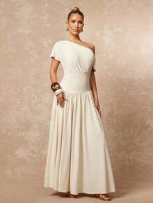 Lumalex 女士优雅休闲杏色不对称领口荷叶边短袖修身喇叭连衣裙，春夏款 - 杏色 - 查看 10