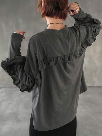 FRIFUL Women's Casual Solid Color Ruffle Trim Long Sleeve T-Shirt, Autumn