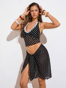 Avantive 2026 Latest Women's Vacation Casual Beach/Pool Party Retro Polka Dot Print Backless Stretch Mesh Cover-Up, With Lining At The Chest. - Black - View 6