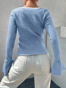 EURMUSE Cotton Contrast Binding Flounce Sleeve Tee - Baby Blue - View 2