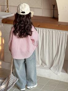 DAZY Young Girl Striped Drop Shoulder Long Sleeve Single-Breasted Casual Pocket Shirt - Pink - View 3