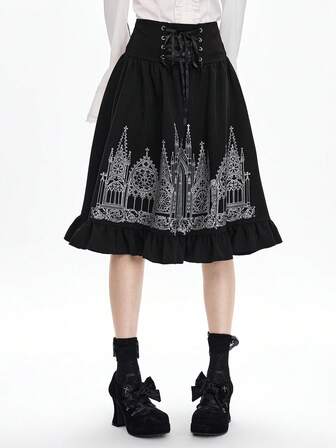 Grunge Punk Gonna vita alta con stampa gotica scura di , stile Y2K, con laccio in vita