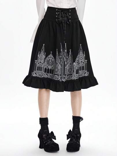 Grunge Punk Falda de cintura alta con estampado de castillo y lazo en la cintura, estilo gótico oscuro Y2K para mujer