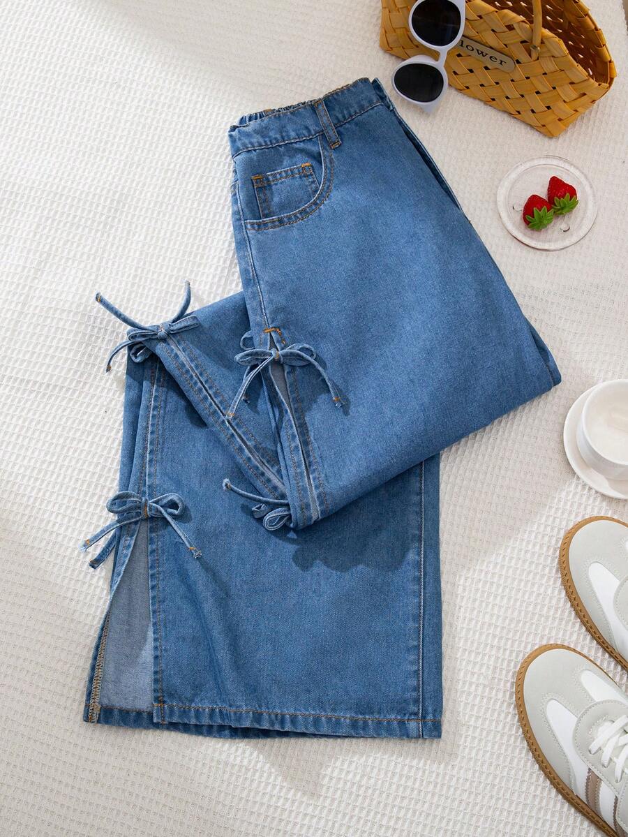 SHEIN Teen GirlBow Accent Loose Fit Blue Denim Wide Leg Pants - Light Wash - View 1