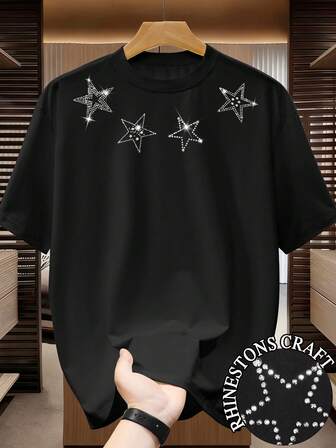 Manfinity Camiseta Masculina, Processo de Perfuração Quente de Estrela, Gola Redonda de Manga Curta Casual de Cor Sólida Masculina, Novidade 2026