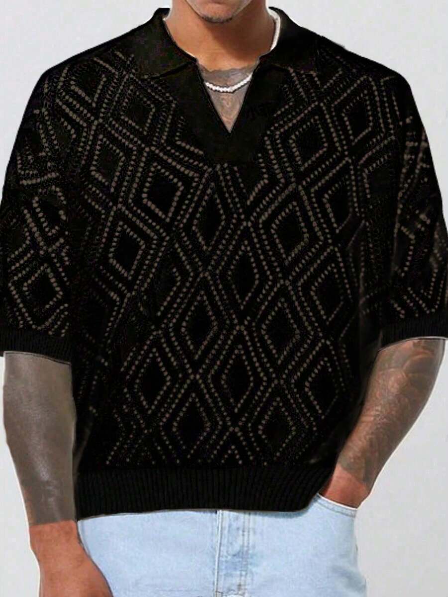 Manfinity Homme Men's Geometric Pattern Short Sleeve Casual Knit Top - Black - View 1