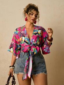 Travachic Bluzka damska w dużym rozmiarze na wakacje, tkana z przodu, wiązana z przodu, na festiwal rave, casualowe koszule damskie, krótki top, hawajska koszula, letnia bluzka - Wielokolorowe - Zobacz 5