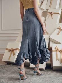 Anewsta Autumn Washed Fashionable Elegant Versatile Asymmetric Denim Skirt, Bodycon Fishtail Denim Skirt For Women - Blue - View 2