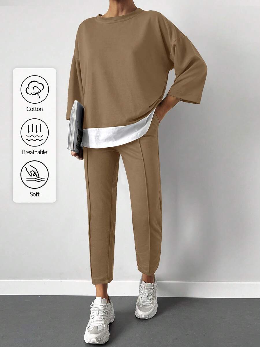 EURMUSE 90% Cotton Drop Shoulder 2 In 1 Tee & Seam Detail Pants - Camel - View 1