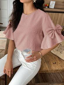 Elouméa 女士格子圆领蝴蝶结装饰喇叭袖时尚衬衫 - 藕粉色 - 查看 4