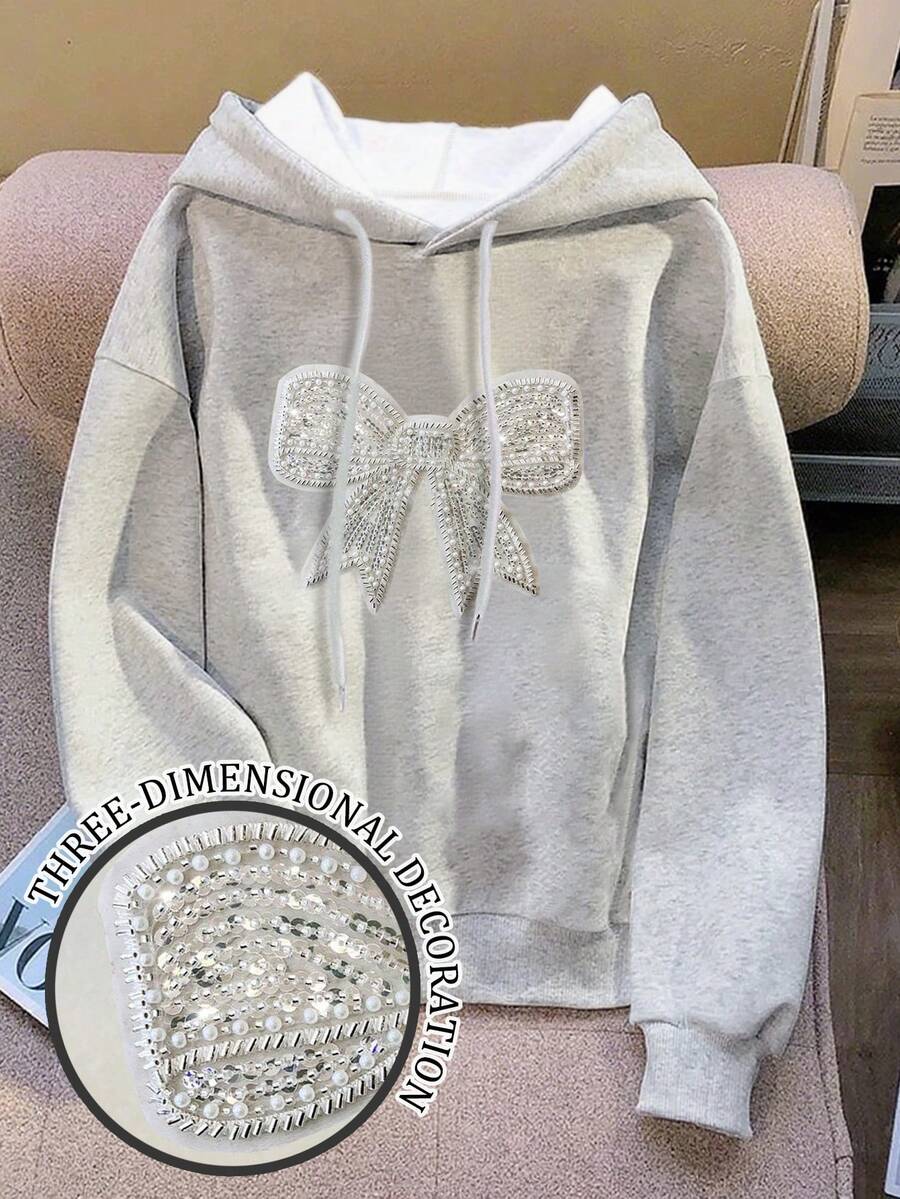 Resyla 重工蝴蝶结串珠饰品灰色连帽女毛绒毛衣，甜美可爱，适合秋冬季，蝴蝶结饰品，串珠装饰，现在流行，时尚T恤，漂亮的运动衫，兄弟姐妹礼物，姐妹礼物，妈妈礼物，母亲节礼物，休闲简约时尚上衣 - 淺灰色 - 查看 1